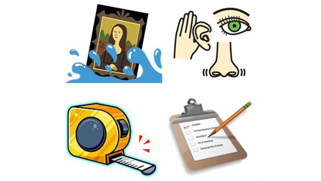 Four image icons one the Mona Lisa at an angle with water at her base, one a Picasso-esque eye, ear, nose and hand. One tape measure and one clipboard with a piece of paper and a pencil writing.