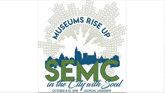 SEMC logo with "Museums Rise Up" in a semi circle in blue type above SEMC in green above "in the City with Soul" in blue below. A cityscape of Jackson, Mississippi is in the background in blue.