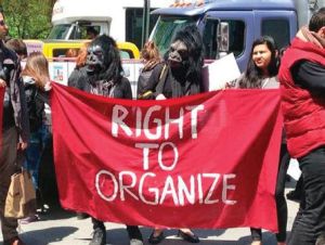 View of a group of people holding a sign that says Right to Organize. Two of the people are wearing gorilla masks. 