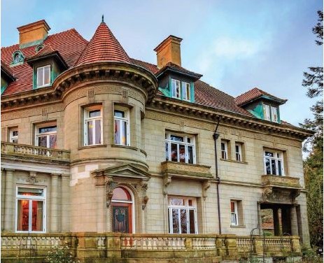 View of the Pittock Mansion taken from an angle.