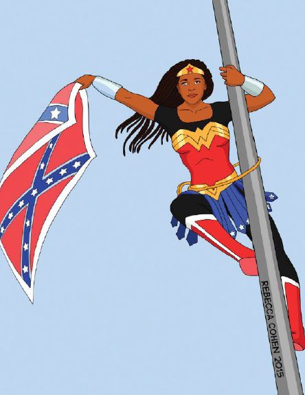 An artist's interpretation of Bree Newsome (clad in Wonder Woman armor) removes the Confederate flag from a flagpole