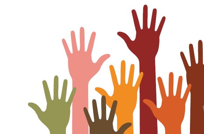 Six drawn hands in different colors are raised as if to say "pick me".