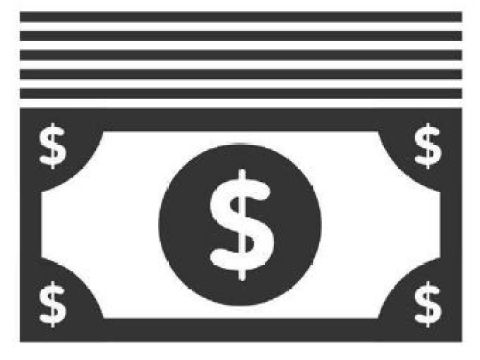 Icon image of a stack of dollar bills in black and white. 