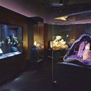 View of a gallery with cases illuminated in dark purplish lighting. Rocks and gems are on display. 