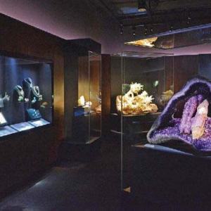 View of a gallery with cases illuminated in dark purplish lighting. Rocks and gems are on display.