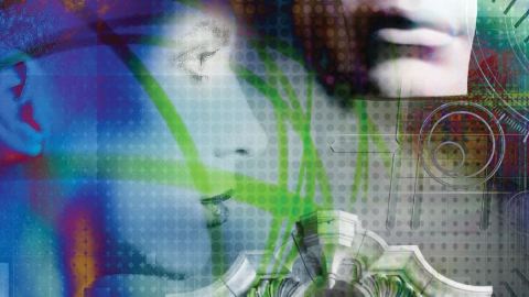 A mix of images of a woman with circles and other geometric shapes in blues and greens.