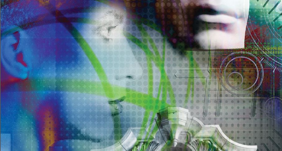 A mix of images of a woman with circles and other geometric shapes in blues and greens.