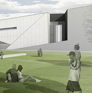 Rendering of a building with several people sitting on the grass. 