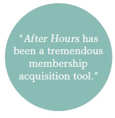 The phrase "After Hours has been a tremendous membership acquisition tool." in a circle.