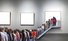 People line up to enter into a solid white image. other solid white images also line the walls