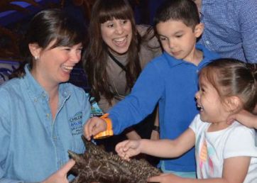 Victoria Egerton shown holding a piece of a dinosaur smiling broadly with two children smiling in front of her.