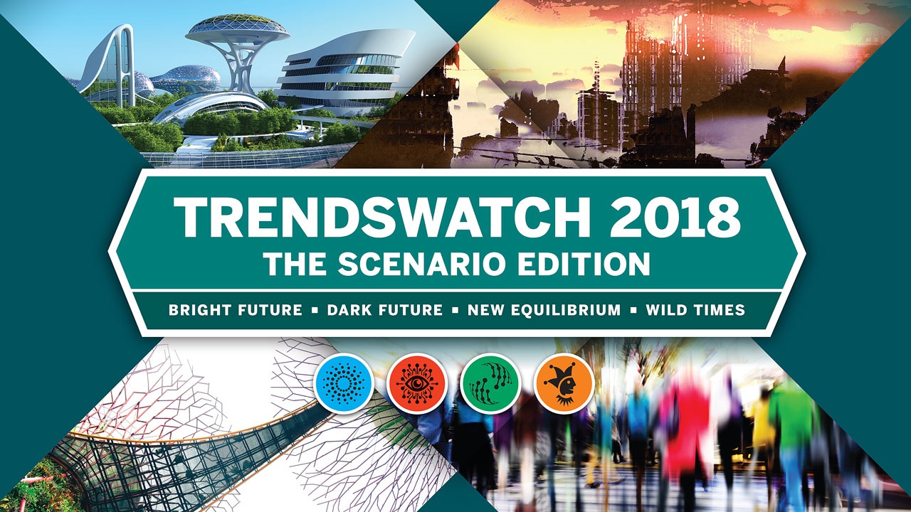 Various images of cityscapes with TrendsWatch 2018 in the center.