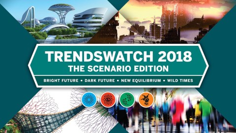 Various images of cityscapes with TrendsWatch 2018 in the center.