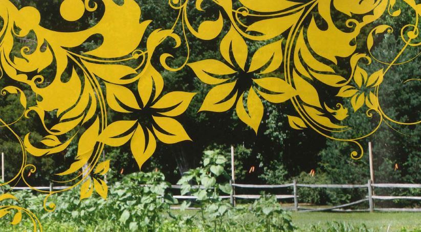 Image of a historic site garden with yellow filigree flowers superimposed over of the image.