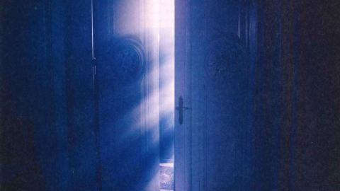 Image of a set of intricate double doors in a shadowed room with one door open and light streaming through.