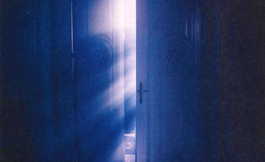 Image of a set of intricate double doors in a shadowed room with one door open and light streaming through.