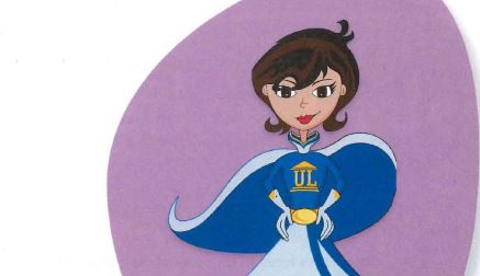 Cartoon image of a superhero mom in a blue uniform with a cape.