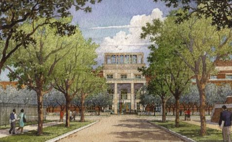 Artists rendering of the outside of the center with tree lined walks and people milling about. 