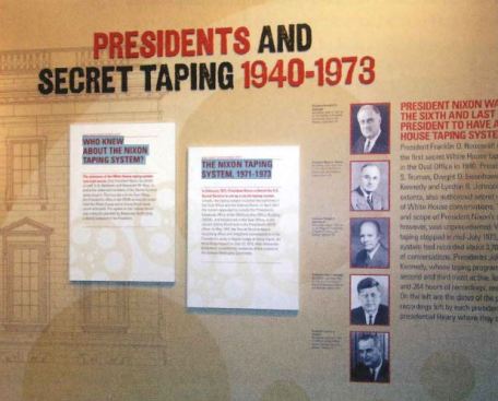View of a wall with several text panels on Presidents and Secret Taping 1940-1973