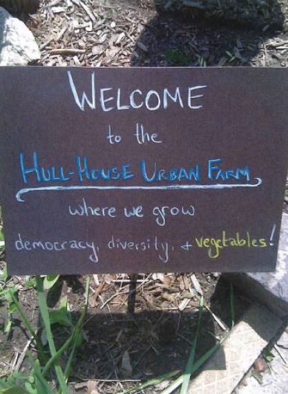View of a Welcome sign saying "Welcome to the Hull-House Urban Farm where we grow democracy, diversity, + vegetables!".
