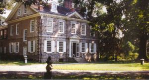 Exterior view of Cliveden, a stone structure built in the colonial style. 