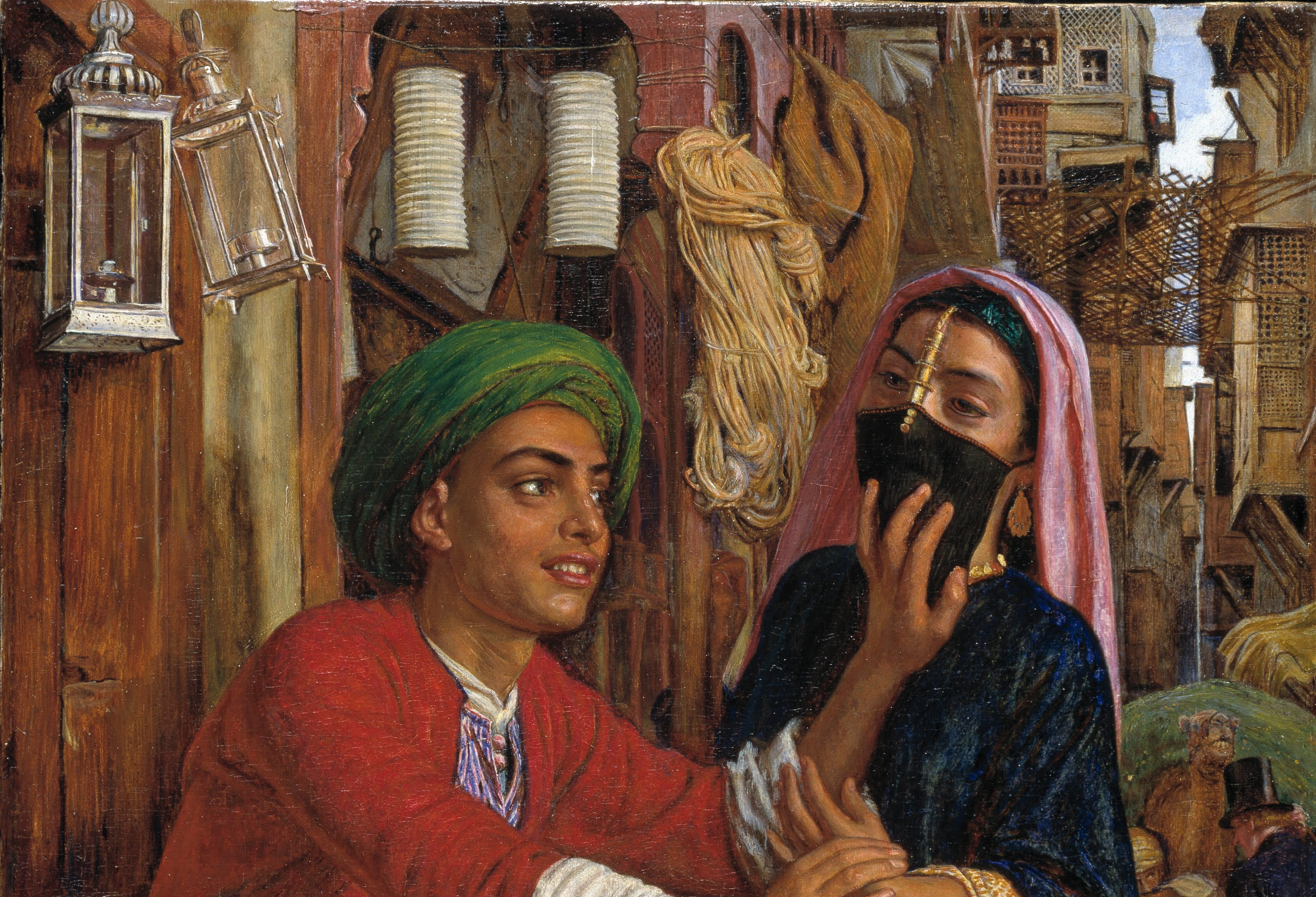 View of a painting showing a veiled woman standing next to a man with his hand on her mouth.