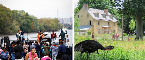 Two images linked and side by side. On the left is a scene of people outside sitting on tractors and near a river. On the right a historic house with a peahen in the foreground.