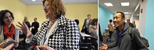 Two images of people milling around in a meeting room.