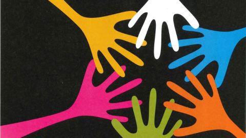 Five drawn hands in different colors overlap on top of a black background.
