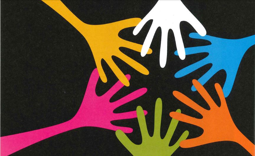 Five drawn hands in different colors overlap on top of a black background.