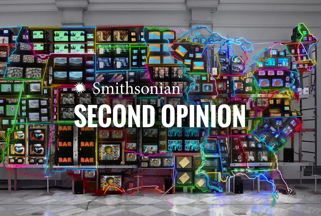 An image of an art piece creating the US states out of neon and televisions with the words "Smithsonian Second Opinion" over it