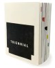 View of the Triennial book with title in white on a square shape in black standing with the leaves exposed on a white background. 