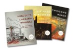 Three books stacked on top of one another including "Subjects Lacking Words?," "Ultimate Witnesses," and "Twinsome Minds"