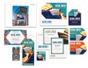 View of various pieces of the Ocean Liners exhibition collateral material in blues and oranges. 