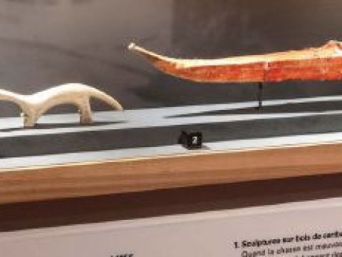 A model boat and a carved bone animal sit in a display case.