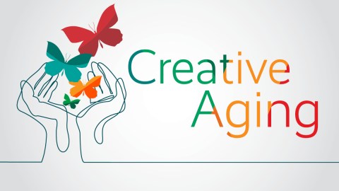 LIne drawing of hands releasing butterflies with text "Creative Aging"