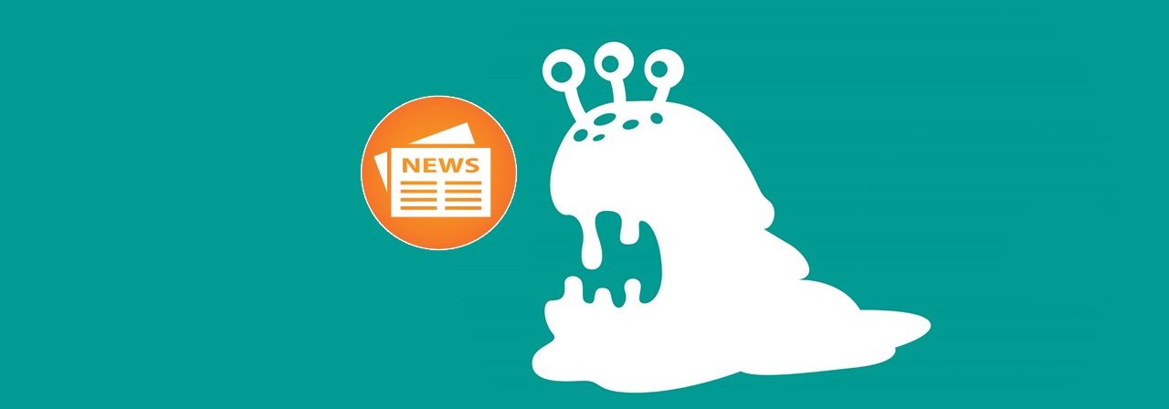 Graphic depiction in white of a sea slug with three eyes on top of its head and a newspaper icon in orange.
