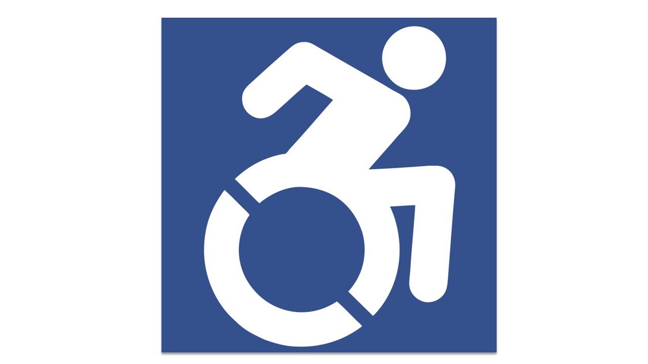 Image: A blue square with a white negative space of a simple seated figure in a wheelchair with their arms bent and torso leaning forward to express movement.
