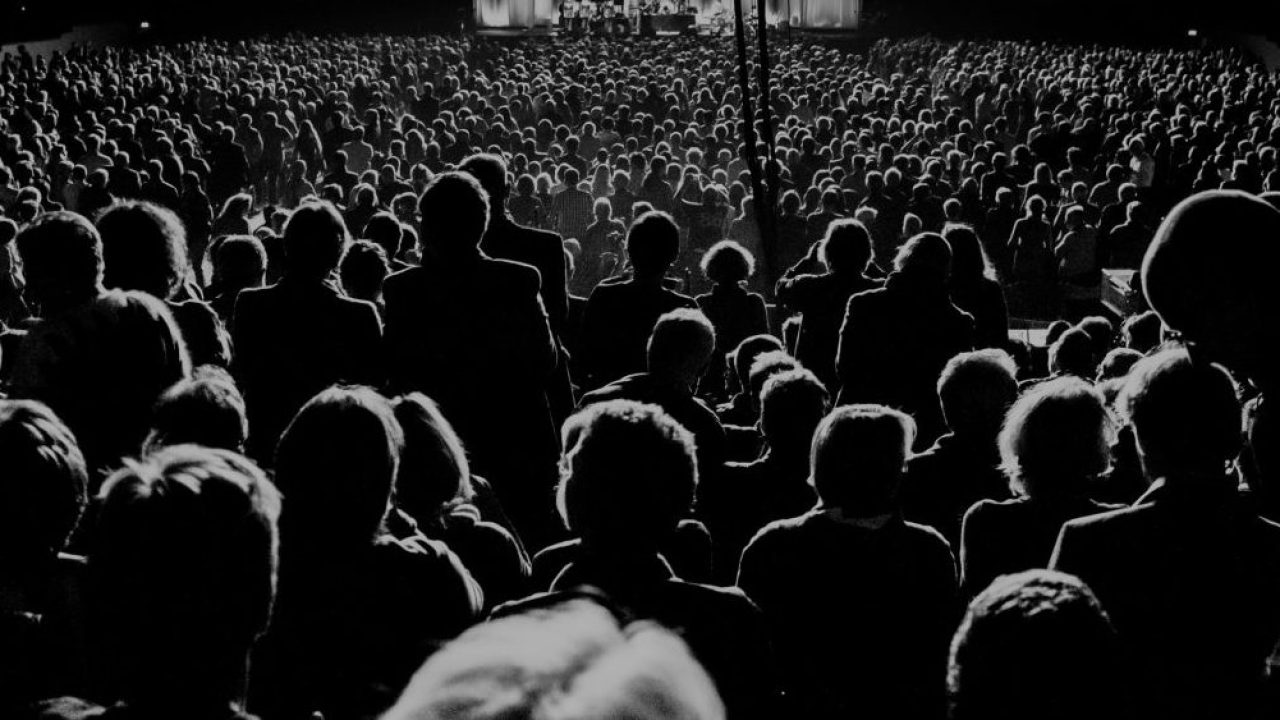 Black and white image of audience at a concert