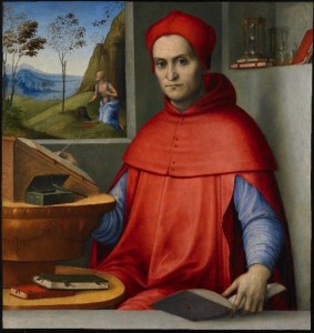 Image of a painting of a cardinal wearing a red robe next to a window with a man standing on a hill near some tress and the ocean in the distance.