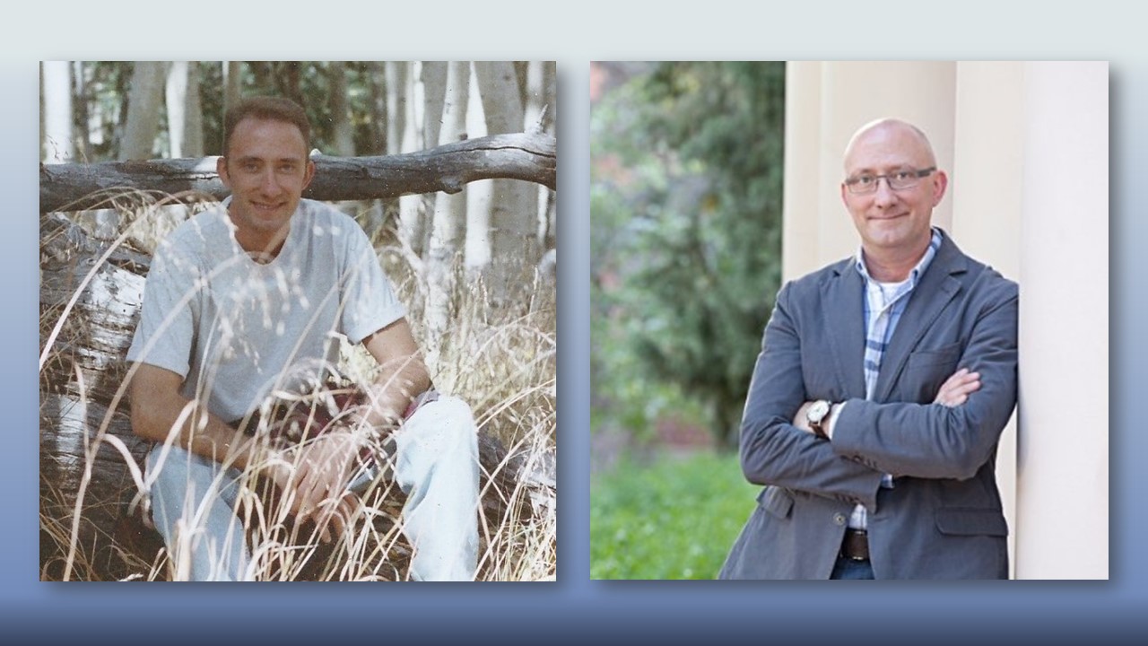Two photographs sit side by side with a white man. The one on the left shows him sitting on a log in a forest with tall wheat colored grasses in front and thin white barked trees behind. The image on the right has the same man, several years older, standing with his arms crossed in front of a white column outside wearing wire rimmed glasses and a blue suit and tie.