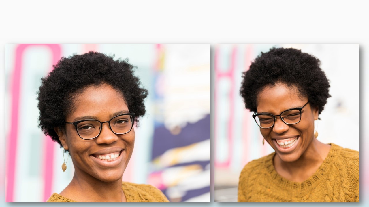 Two photographs of a young black woman smiles broadly wearing black rimmed glasses and mustard colored sweater.