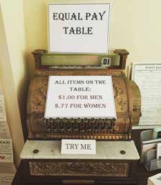 View of an old cash register with signs that say "Equal Pay Table", and "All items on the table $1.00 for Men $.77 for Women" and "Try Me". 