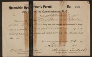 A scanned image of Edith Bolling Wilson's driver's license before conservation with two pieces of paper sitting side by side.