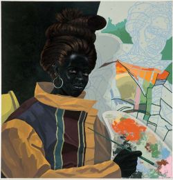 This portrait depicts a young woman with jetblack skin holding a long, thin paintbrush up to a colorful, messy painter’s palette. She is shown in a three-quarter pose, gazing directly at the viewer.