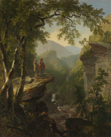 An oil painting of two men on a cliff overlooking a tributary in a mountainous and forested landscape.