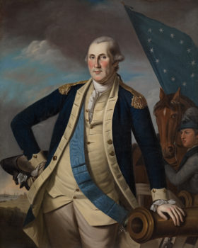 A portrait painting of George Washington, in military uniform, one hand on his hip and the other leaned against a table. In the background are the sky, a horse, a man, and a colonial flag.