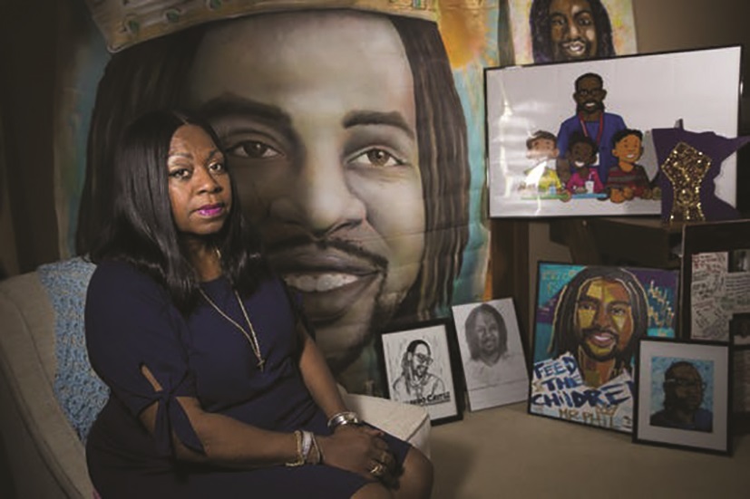 Valerie Castile in her home with works of art produced in memory of her son, Philando.