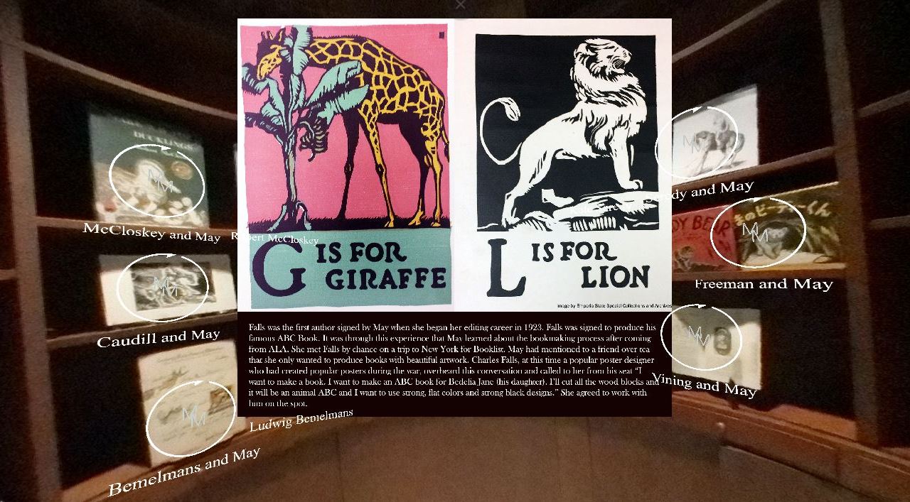 A bookshelf is visible with superimposed digital "hotspots" showing the names of the books displayed. An illustration is open in the app.