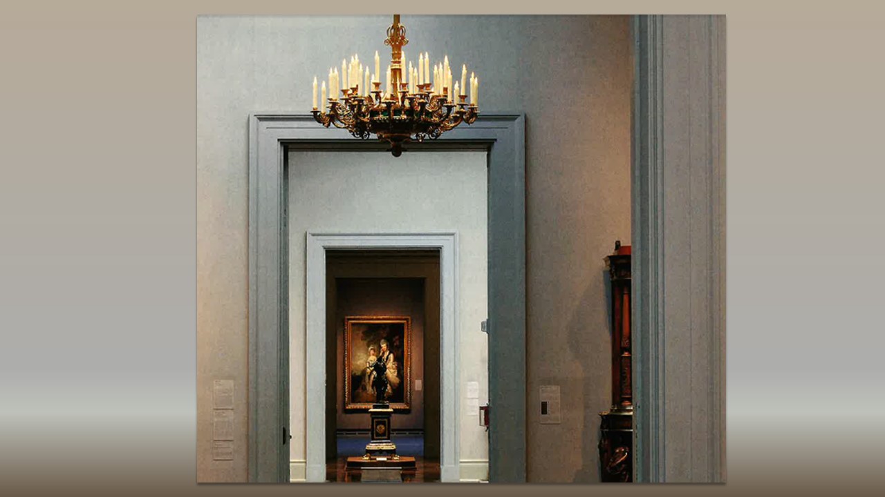 Interior image of the museum's galleries with a candleabra chandelier in the foreground and an oil painting in the far distance through several doorways in view.